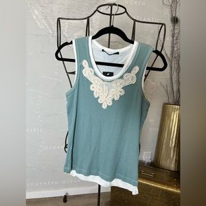 NWT Robert Rodriguez Teal double tank ivory embroidery L